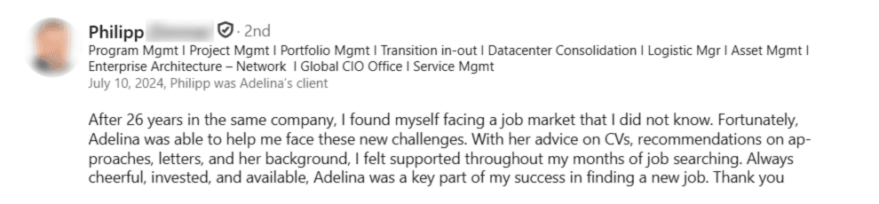 LinkedIn testimonial about Adelina's service as a career coach in Switzerland