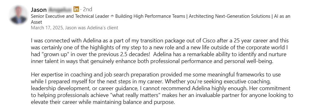 LinkedIn testimonial about Adelina's service as a career coach in Switzerland