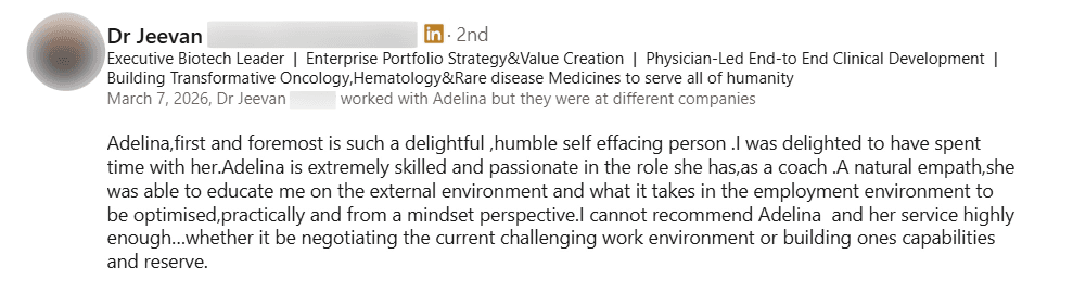 LinkedIn testimonial about Adelina's service as a career coach in Switzerland