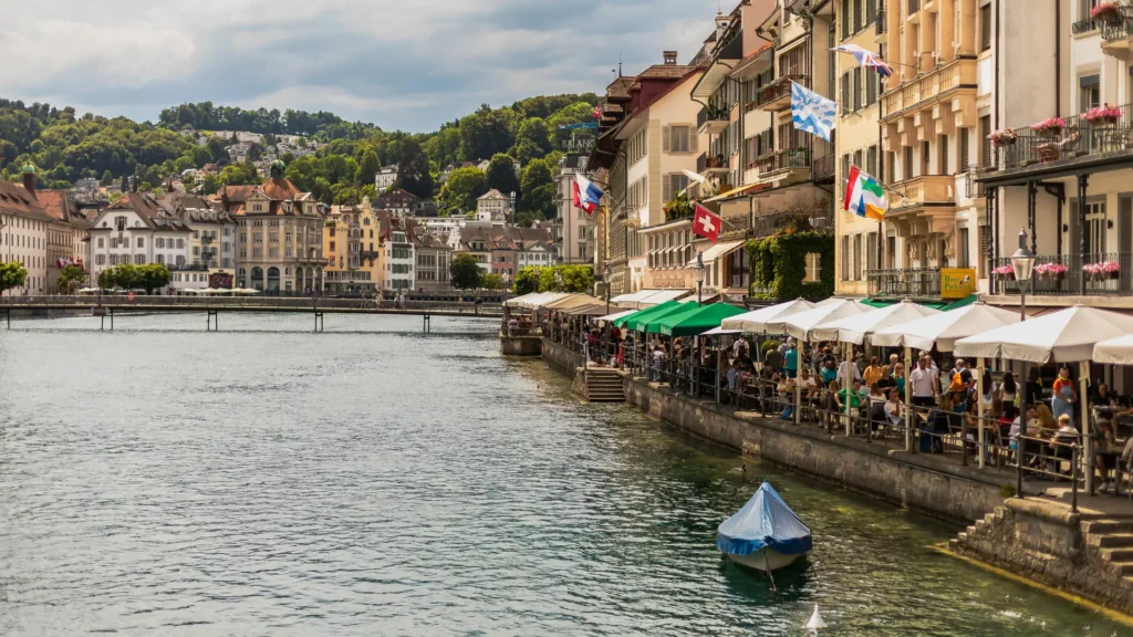 Old Town boulevard along the Reuss River in Lucerne, Switzerland