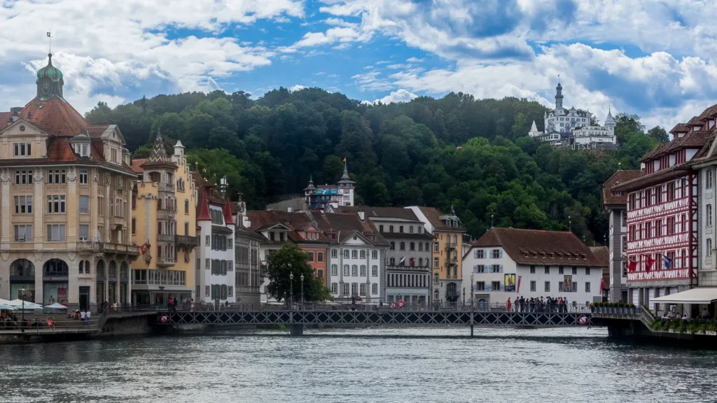 the historic Altstadt (Old Town) district along the Reuss River in Lucerne, Switzerland