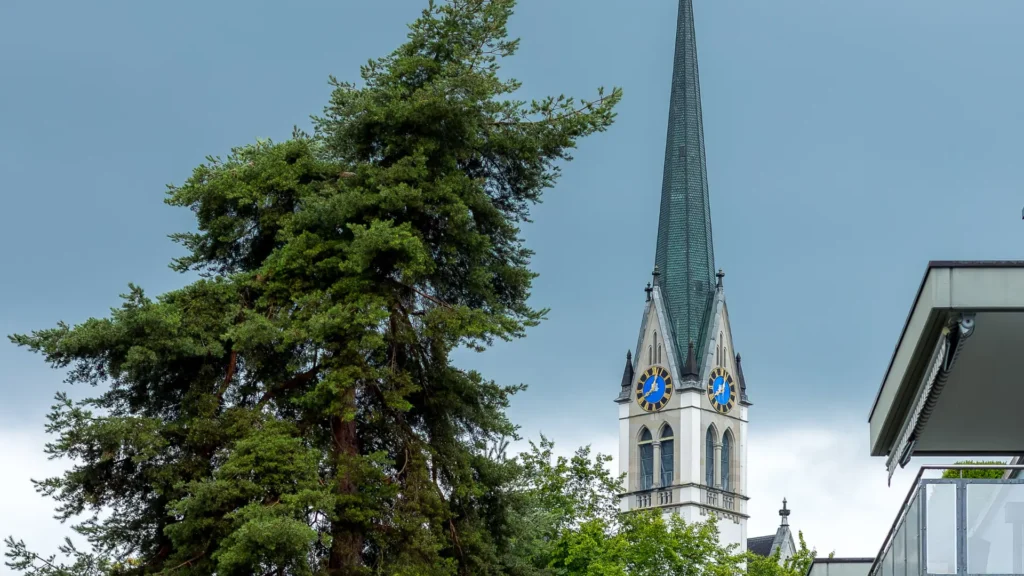the church photo with the top and clock (located in the center, high, precision, Swiss