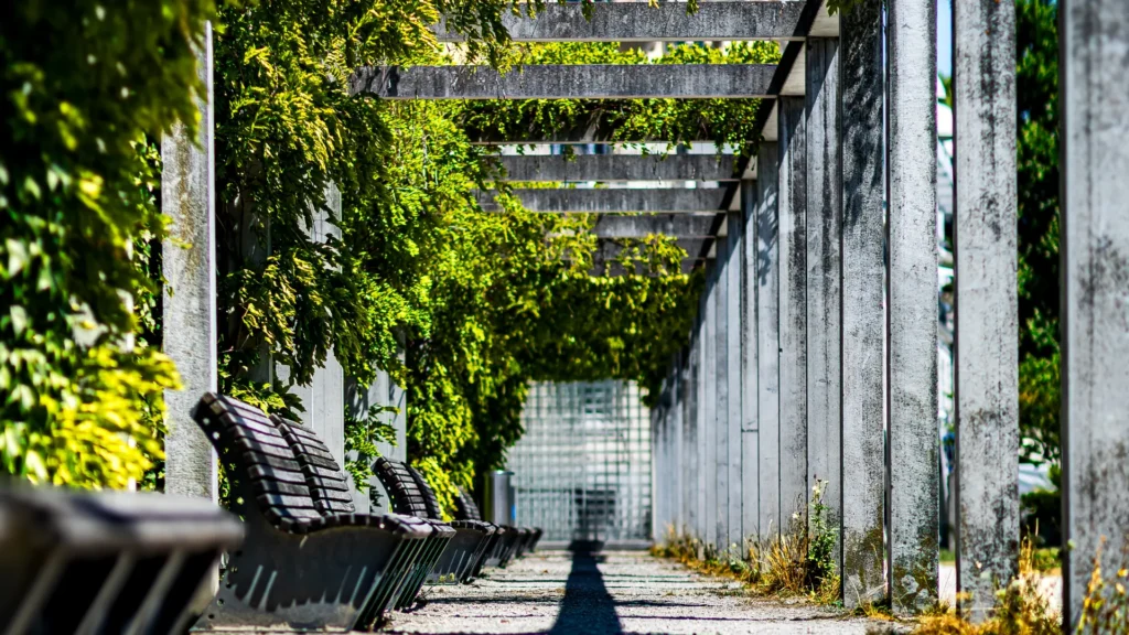 photo with the benches and pillars (showing similarities and target)
